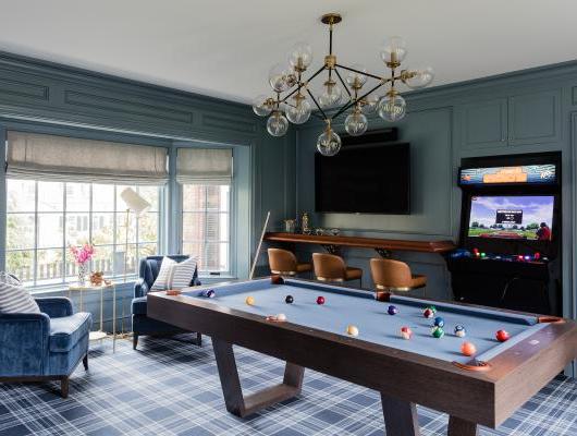 Home Game Room in Blues - Erin Gates Design; Michael J. Lee Photography